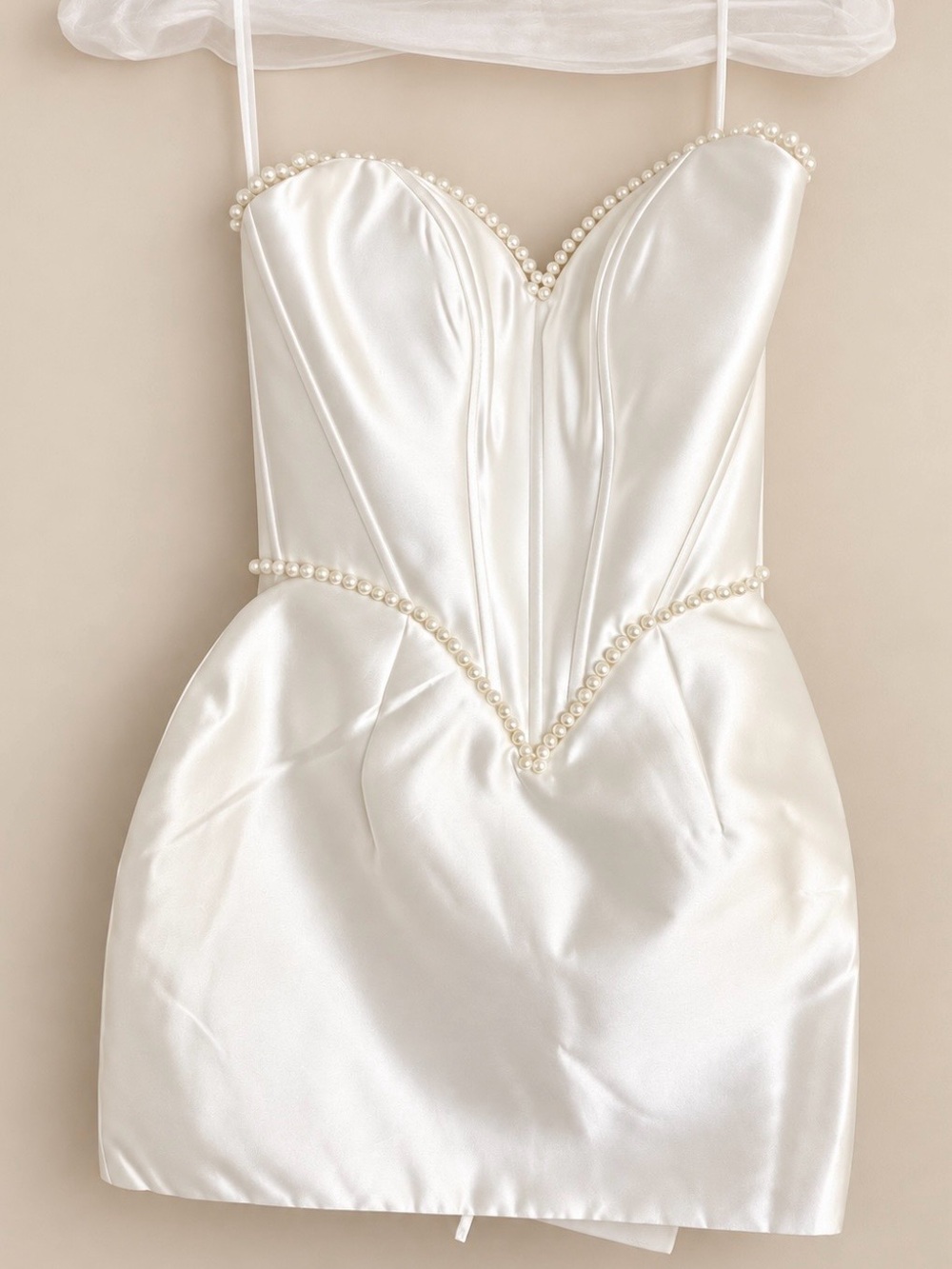 Studio M Ivory Strapless Pearl-Trim Satin Mini Bridal Dress
